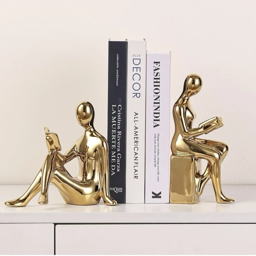 Ceramic Decorative Bookends, Book Ends for Shelves, Home Office Decor GOLD